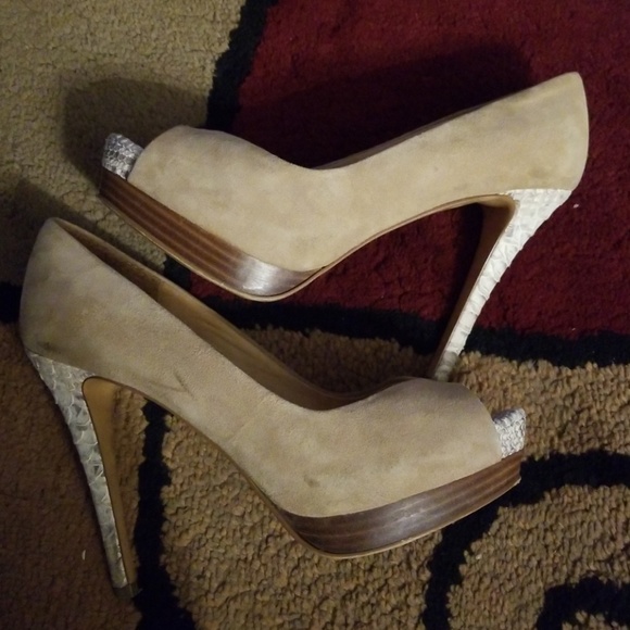 Zara Suede Peep Toe Nude Snake Platform Heels - Picture 3 of 7